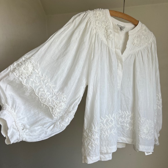Joie Ailani White Linen Embroidered Shirt Blouse Boho Peasant Top Balloon Sleeve - Picture 1 of 9